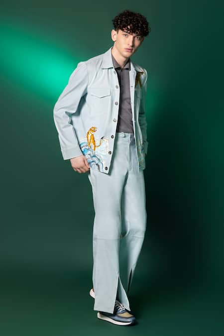 Shop_Amrit Dawani_Blue Cotton, Denim Hand Painted Jacket And Pant Set _at_Aza_Fashions