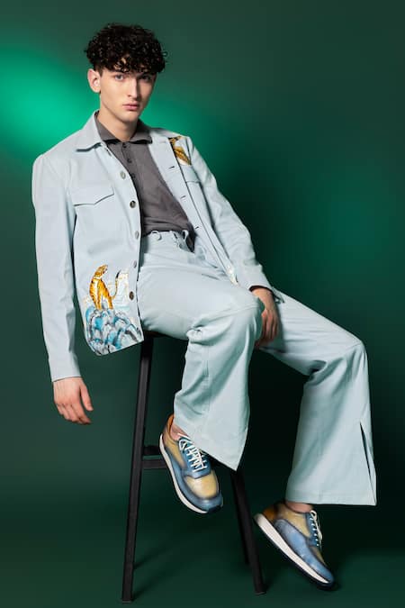 Amrit Dawani_Blue Cotton, Denim Hand Painted Jacket And Pant Set _Online_at_Aza_Fashions