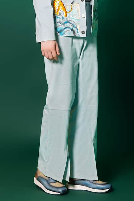 Buy_Amrit Dawani_Blue Cotton, Denim Hand Painted Jacket And Pant Set _Online_at_Aza_Fashions