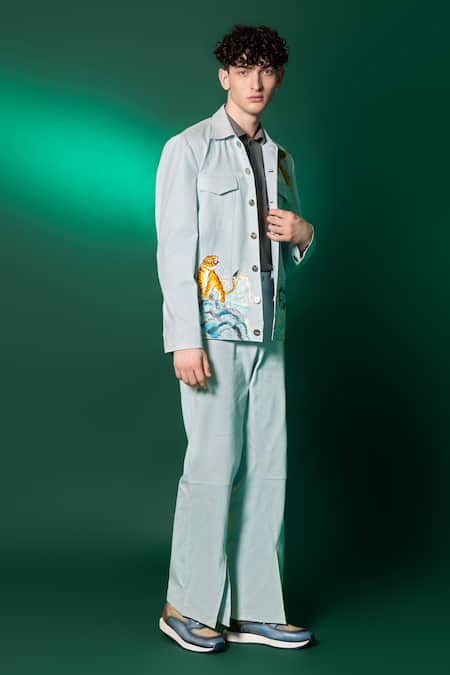 Shop_Amrit Dawani_Blue Cotton, Denim Hand Painted Jacket And Pant Set _Online_at_Aza_Fashions