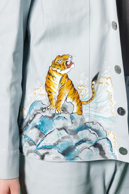 Amrit Dawani_Blue Cotton, Denim Hand Painted Jacket And Pant Set _at_Aza_Fashions