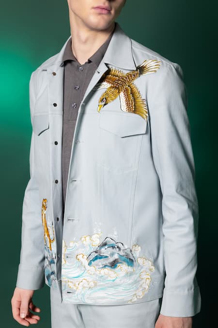 Buy_Amrit Dawani_Blue Cotton, Denim Hand Painted Jacket And Pant Set 