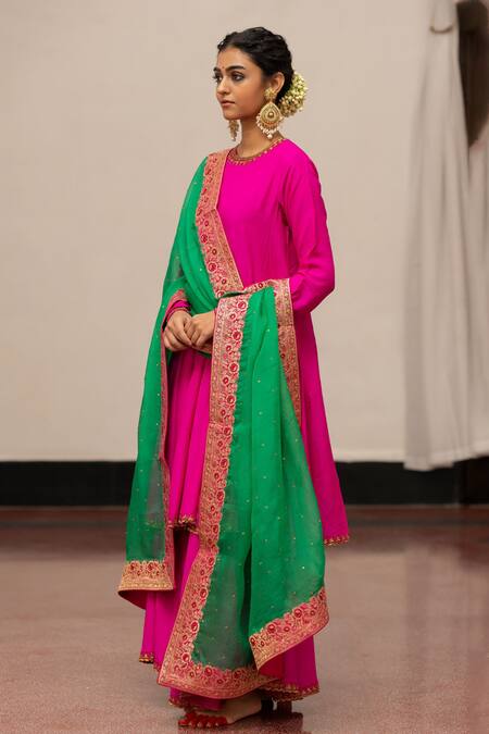 Shop_Mimamsaa_Fuchsia Organza Silk Embroidered Floral Virha Border Dupatta  _at_Aza_Fashions