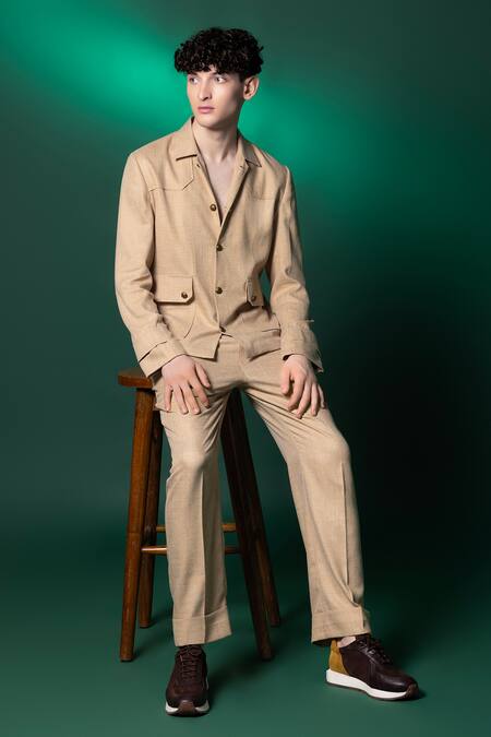 Shop_Amrit Dawani_Beige Taffeta, Linen Tanzanian Pant _Online_at_Aza_Fashions