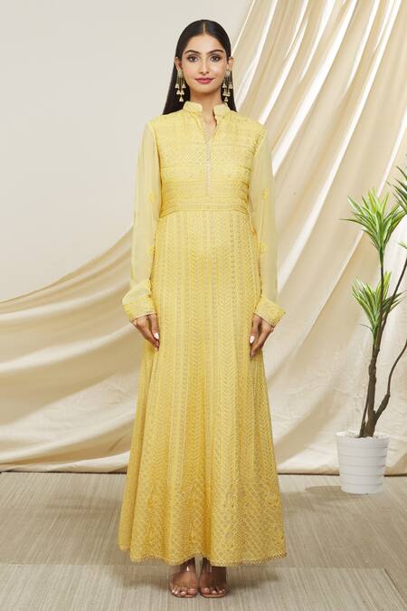 Peenacolada Yellow Georgette, Chiffon Metallic Resham Embroidered Anarkali With Dupatta Online at Aza Fashions Peenacolada_Yellow Georgette, Chiffon Metallic Resham Embroidered Anarkali With Dupatta _Online_at_Aza_Fashions