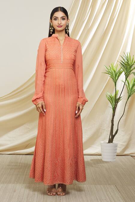 Peenacolada Pink Georgette, Chiffon Embroidery Bandeau Neck Leaf Anarkali With Dupatta Online at Aza Fashions Peenacolada_Pink Georgette, Chiffon Embroidery Bandeau Neck Leaf Anarkali With Dupatta _Online_at_Aza_Fashions