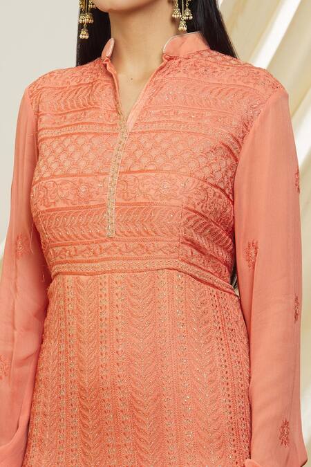 Shop Peenacolada Pink Georgette, Chiffon Embroidery Bandeau Neck Leaf Anarkali With Dupatta Online at Aza Fashions Shop_Peenacolada_Pink Georgette, Chiffon Embroidery Bandeau Neck Leaf Anarkali With Dupatta _Online_at_Aza_Fashions