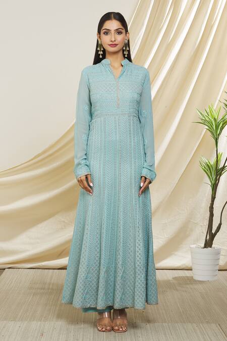 Shop Peenacolada Blue Georgette, Chiffon Embroidery Bandeau Leaf Resham Anarkali With Dupatta Online at Aza Fashions Shop_Peenacolada_Blue Georgette, Chiffon Embroidery Bandeau Leaf Resham Anarkali With Dupatta _Online_at_Aza_Fashions