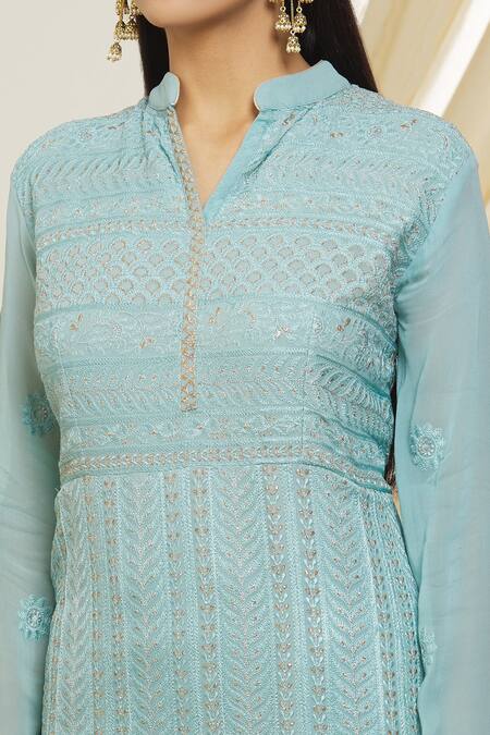 Peenacolada Blue Georgette, Chiffon Embroidery Bandeau Leaf Resham Anarkali With Dupatta Online at Aza Fashions Peenacolada_Blue Georgette, Chiffon Embroidery Bandeau Leaf Resham Anarkali With Dupatta _Online_at_Aza_Fashions