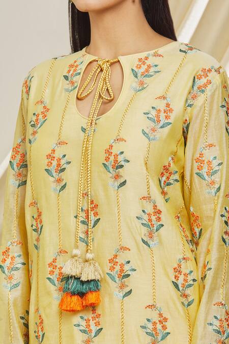 Shop Peenacolada Yellow Chanderi Tassels Keyhole Neck Resham Embroidered Kurta And Pant Set Online at Aza Fashions Shop_Peenacolada_Yellow Chanderi Tassels Keyhole Neck Resham Embroidered Kurta And Pant Set _Online_at_Aza_Fashions