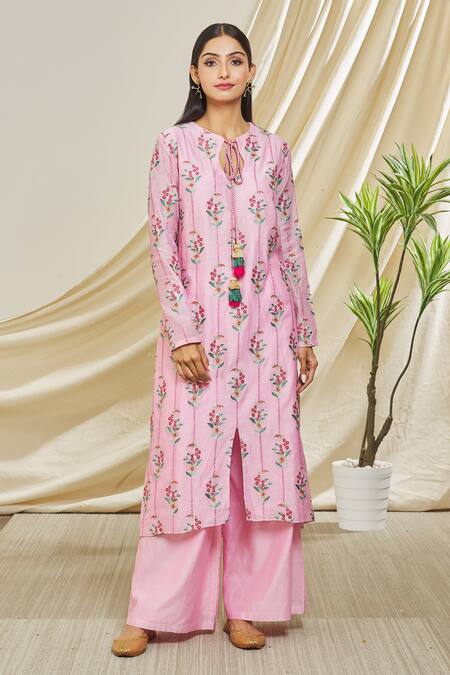 Buy Peenacolada Pink Chanderi Embroidery Keyhole Neck A-line Kurta And Pant Set Online at Aza Fashions Buy_Peenacolada_Pink Chanderi Embroidery Keyhole Neck A-line Kurta And Pant Set _Online_at_Aza_Fashions