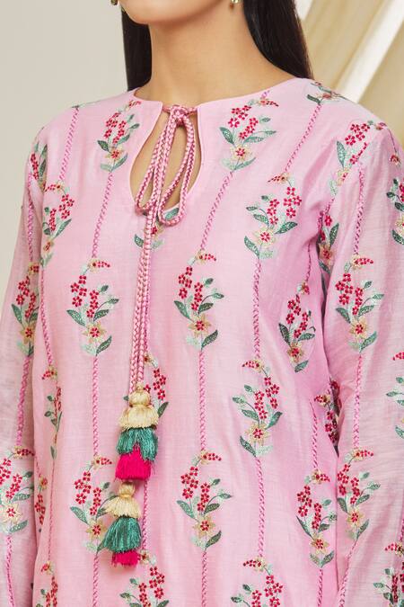 Shop Peenacolada Pink Chanderi Embroidery Keyhole Neck A-line Kurta And Pant Set Online at Aza Fashions Shop_Peenacolada_Pink Chanderi Embroidery Keyhole Neck A-line Kurta And Pant Set _Online_at_Aza_Fashions