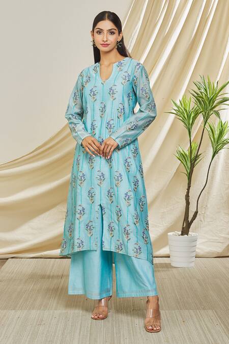 Buy Peenacolada Blue Chanderi Embroidery Round Neck Floral Kurta And Pant Set Online at Aza Fashions Buy_Peenacolada_Blue Chanderi Embroidery Round Neck Floral Kurta And Pant Set _Online_at_Aza_Fashions