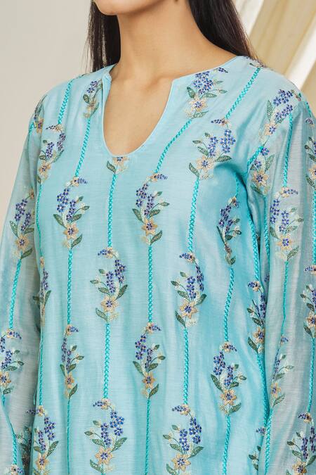 Shop Peenacolada Blue Chanderi Embroidery Round Neck Floral Kurta And Pant Set Online at Aza Fashions Shop_Peenacolada_Blue Chanderi Embroidery Round Neck Floral Kurta And Pant Set _Online_at_Aza_Fashions