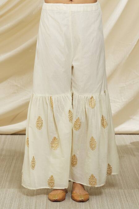 Peenacolada Pink Cotton, Muslin Gota Patti, Foil Embroidered Placket Kurta Gharara Set at Aza Fashions Peenacolada_Pink Cotton, Muslin Gota Patti, Foil Embroidered Placket Kurta Gharara Set _at_Aza_Fashions