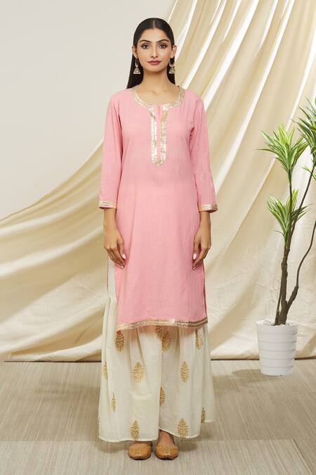 Peenacolada Pink Cotton, Muslin Gota Patti, Foil Embroidered Placket Kurta Gharara Set Online at Aza Fashions Peenacolada_Pink Cotton, Muslin Gota Patti, Foil Embroidered Placket Kurta Gharara Set _Online_at_Aza_Fashions