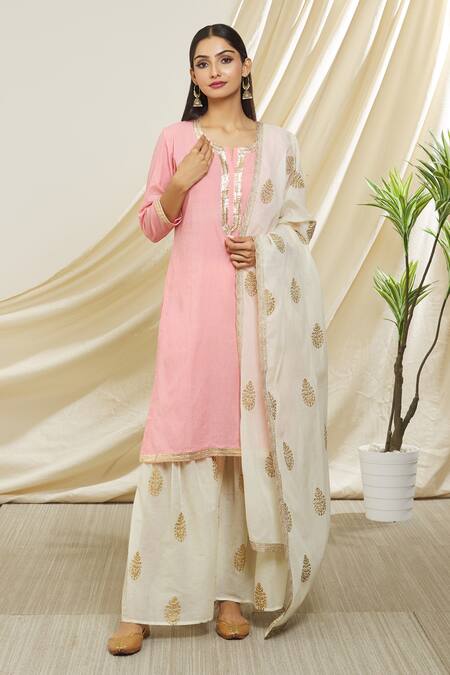 Buy Peenacolada Pink Cotton, Muslin Gota Patti, Foil Embroidered Placket Kurta Gharara Set Online at Aza Fashions Buy_Peenacolada_Pink Cotton, Muslin Gota Patti, Foil Embroidered Placket Kurta Gharara Set _Online_at_Aza_Fashions