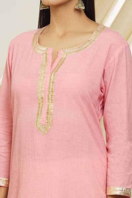 Shop Peenacolada Pink Cotton, Muslin Gota Patti, Foil Embroidered Placket Kurta Gharara Set Online at Aza Fashions Shop_Peenacolada_Pink Cotton, Muslin Gota Patti, Foil Embroidered Placket Kurta Gharara Set _Online_at_Aza_Fashions