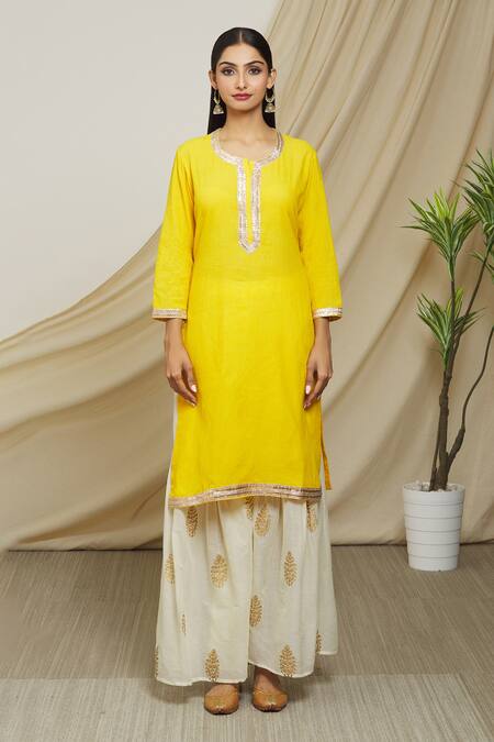 Peenacolada Yellow Cotton, Muslin Gota Patti, Zari, Foil Printing Round Neck Gharara Set Online at Aza Fashions Peenacolada_Yellow Cotton, Muslin Gota Patti, Zari, Foil Printing Round Neck Gharara Set _Online_at_Aza_Fashions