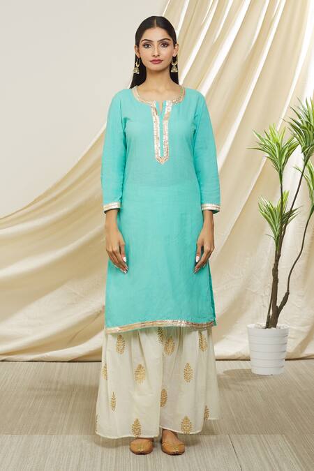 Peenacolada Blue Cotton Gota Patti, Foil Printing Round Straight Kurta Printed Gharara Set Online at Aza Fashions Peenacolada_Blue Cotton Gota Patti, Foil Printing Round Straight Kurta Printed Gharara Set _Online_at_Aza_Fashions