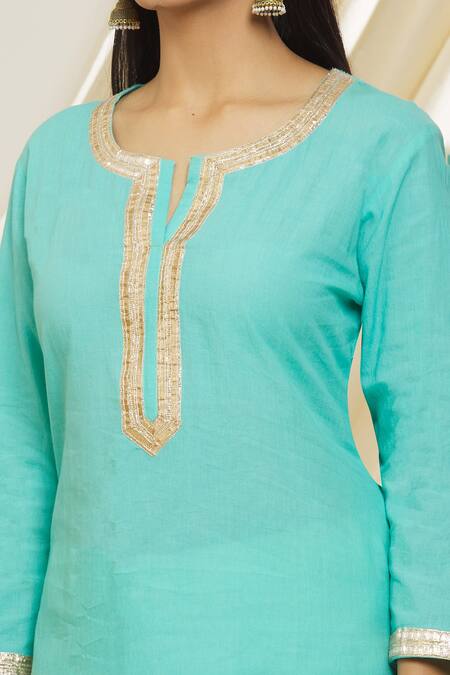 Buy Peenacolada Blue Cotton Gota Patti, Foil Printing Round Straight Kurta Printed Gharara Set Online at Aza Fashions Buy_Peenacolada_Blue Cotton Gota Patti, Foil Printing Round Straight Kurta Printed Gharara Set _Online_at_Aza_Fashions