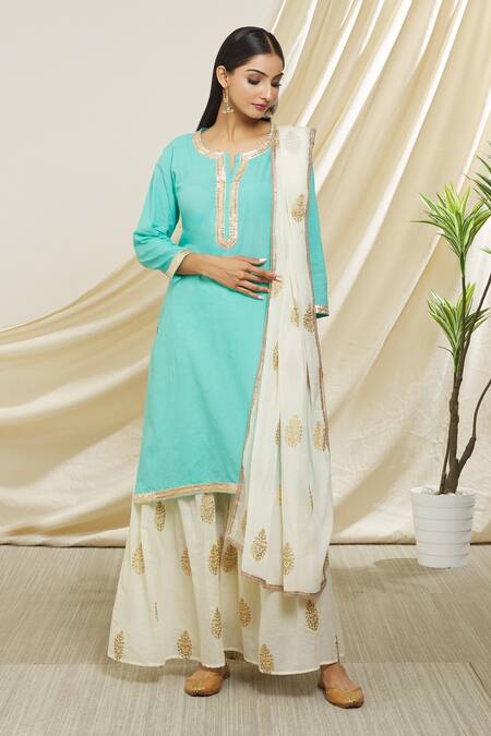 Shop Peenacolada Blue Cotton Gota Patti, Foil Printing Round Straight Kurta Printed Gharara Set Online at Aza Fashions Shop_Peenacolada_Blue Cotton Gota Patti, Foil Printing Round Straight Kurta Printed Gharara Set _Online_at_Aza_Fashions