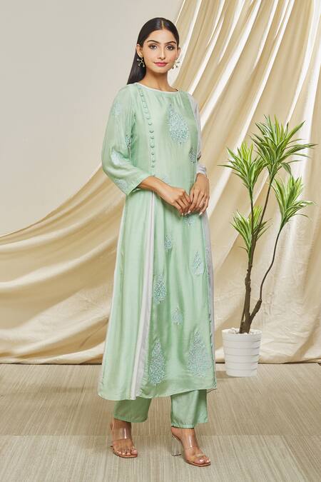 Buy Peenacolada Green Cotton, Silk Embroidery Boat Neck Resham Work Panelled Kurta And Pant Set Online at Aza Fashions Buy_Peenacolada_Green Cotton, Silk Embroidery Boat Neck Resham Work Panelled Kurta And Pant Set _Online_at_Aza_Fashions