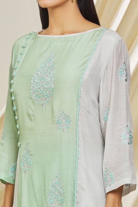 Shop Peenacolada Green Cotton, Silk Embroidery Boat Neck Resham Work Panelled Kurta And Pant Set Online at Aza Fashions Shop_Peenacolada_Green Cotton, Silk Embroidery Boat Neck Resham Work Panelled Kurta And Pant Set _Online_at_Aza_Fashions