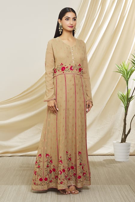 Buy Peenacolada Brown Georgette, Silk Embroidery, Tassels V-neck Resham Anarkali With Dupatta Online at Aza Fashions Buy_Peenacolada_Brown Georgette, Silk Embroidery, Tassels V-neck Resham Anarkali With Dupatta _Online_at_Aza_Fashions