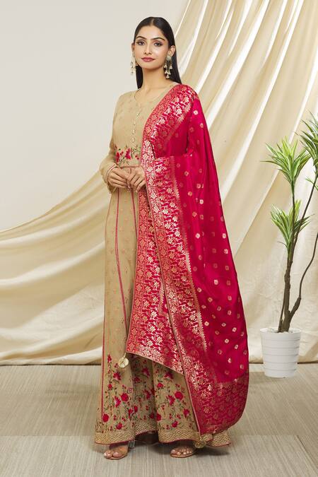 Shop Peenacolada Brown Georgette, Silk Embroidery, Tassels V-neck Resham Anarkali With Dupatta Online at Aza Fashions Shop_Peenacolada_Brown Georgette, Silk Embroidery, Tassels V-neck Resham Anarkali With Dupatta _Online_at_Aza_Fashions