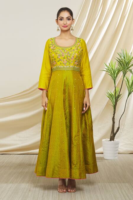 Peenacolada_Green Chanderi Silk Embroidery Round Neck Block Print Anarkali _Online_at_Aza_Fashions