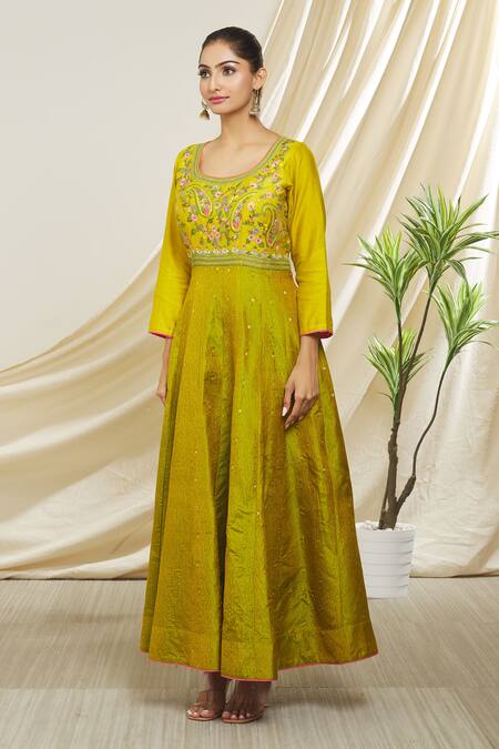 Buy_Peenacolada_Green Chanderi Silk Embroidery Round Neck Block Print Anarkali _Online_at_Aza_Fashions