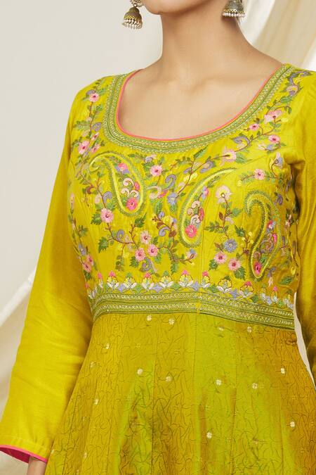 Shop_Peenacolada_Green Chanderi Silk Embroidery Round Neck Block Print Anarkali _Online_at_Aza_Fashions