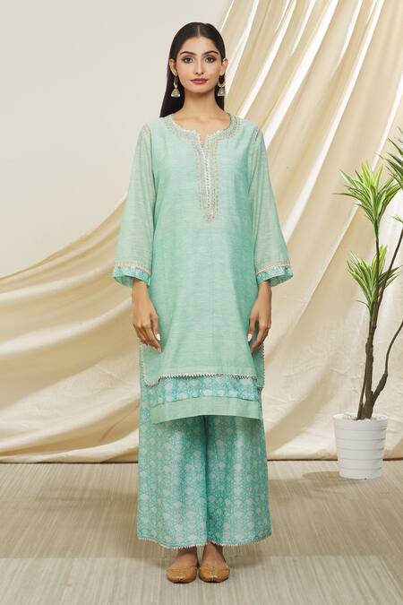 Peenacolada Blue Chanderi Embroidery, Gota Patti Round Neck Straight Kurta Printed Pant Set Online at Aza Fashions Peenacolada_Blue Chanderi Embroidery, Gota Patti Round Neck Straight Kurta Printed Pant Set _Online_at_Aza_Fashions