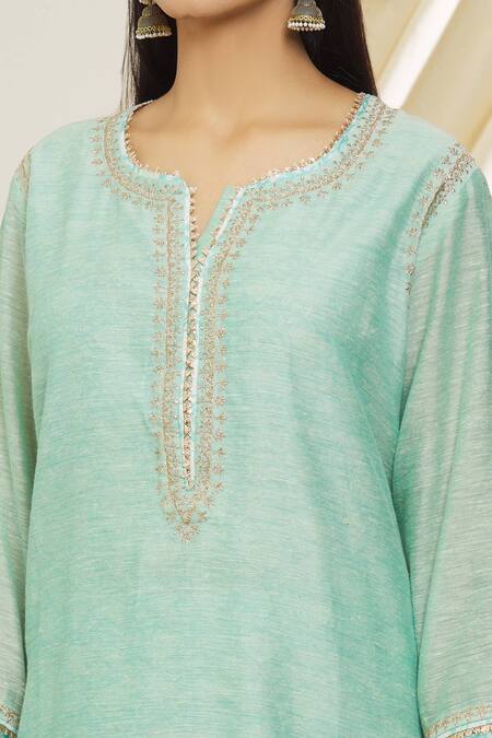 Buy Peenacolada Blue Chanderi Embroidery, Gota Patti Round Neck Straight Kurta Printed Pant Set Online at Aza Fashions Buy_Peenacolada_Blue Chanderi Embroidery, Gota Patti Round Neck Straight Kurta Printed Pant Set _Online_at_Aza_Fashions