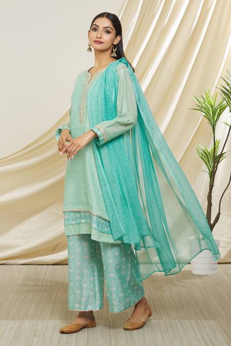 Shop Peenacolada Blue Chanderi Embroidery, Gota Patti Round Neck Straight Kurta Printed Pant Set Online at Aza Fashions Shop_Peenacolada_Blue Chanderi Embroidery, Gota Patti Round Neck Straight Kurta Printed Pant Set _Online_at_Aza_Fashions
