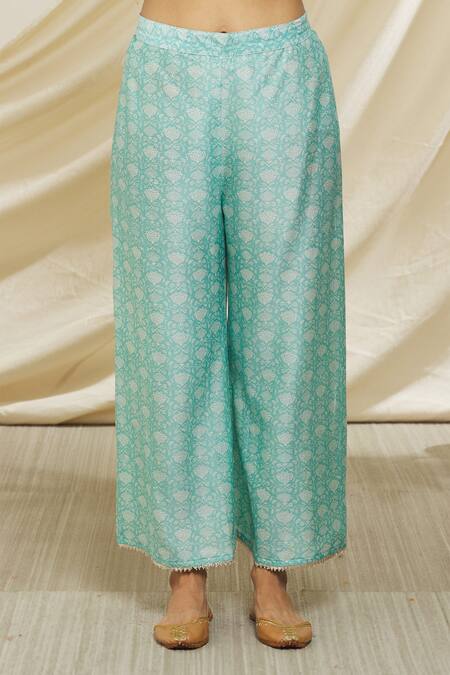 Peenacolada Blue Chanderi Embroidery, Gota Patti Round Neck Straight Kurta Printed Pant Set at Aza Fashions Peenacolada_Blue Chanderi Embroidery, Gota Patti Round Neck Straight Kurta Printed Pant Set _at_Aza_Fashions