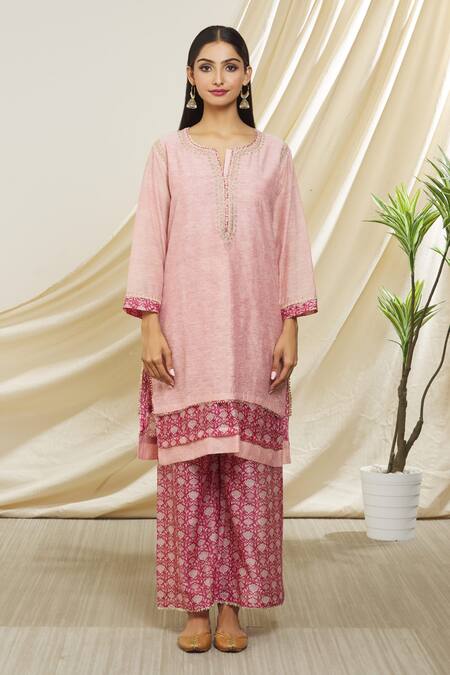 Buy Peenacolada Pink Chanderi Embroidery Round Neck Kurta Pant Set Online at Aza Fashions Buy_Peenacolada_Pink Chanderi Embroidery Round Neck Kurta Pant Set _Online_at_Aza_Fashions