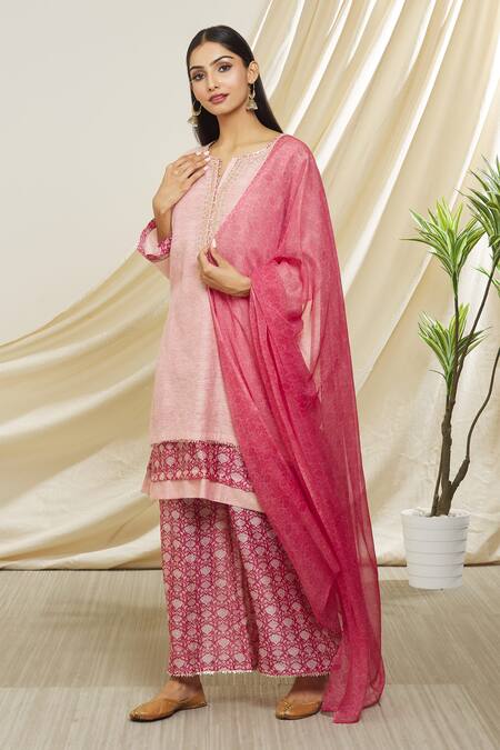 Shop Peenacolada Pink Chanderi Embroidery Round Neck Kurta Pant Set Online at Aza Fashions Shop_Peenacolada_Pink Chanderi Embroidery Round Neck Kurta Pant Set _Online_at_Aza_Fashions