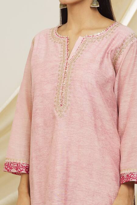 Peenacolada Pink Chanderi Embroidery Round Neck Kurta Pant Set Online at Aza Fashions Peenacolada_Pink Chanderi Embroidery Round Neck Kurta Pant Set _Online_at_Aza_Fashions