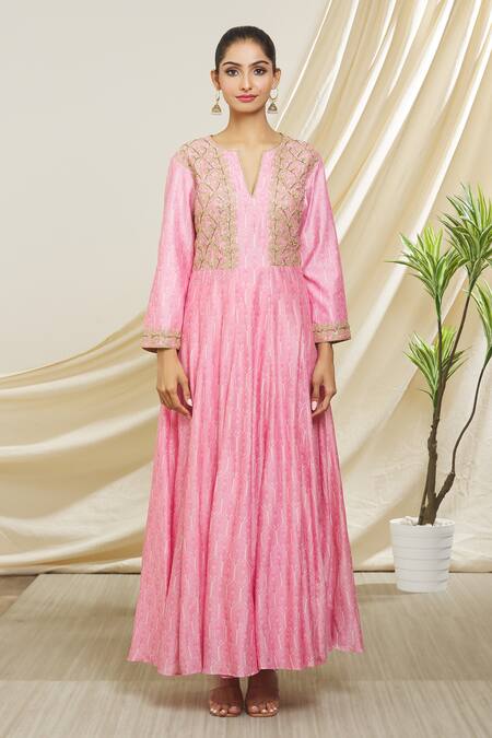 Peenacolada_Pink Chanderi Zari, Embroidery Round Neck Screen Floral Print Anarkali _Online_at_Aza_Fashions