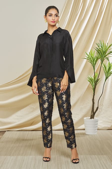 Buy Black Brocade Silk Woven Floral Print Cropped And Flared Pant Set For  Women by Soniya G Online at Aza Fashions.