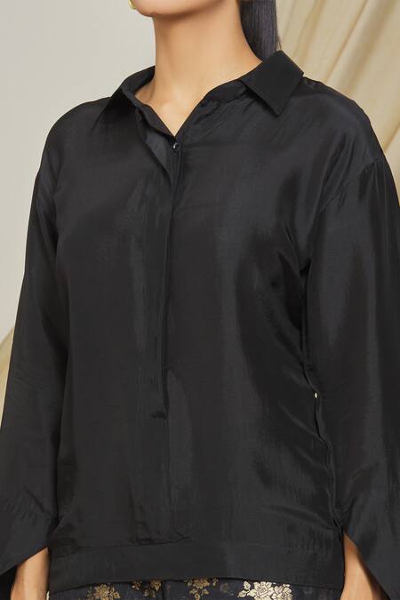 Shop Peenacolada Black Silk, Brocade Embroidery Collared Shirt And Floral Pant Set Online at Aza Fashions Shop_Peenacolada_Black Silk, Brocade Embroidery Collared Shirt And Floral Pant Set _Online_at_Aza_Fashions