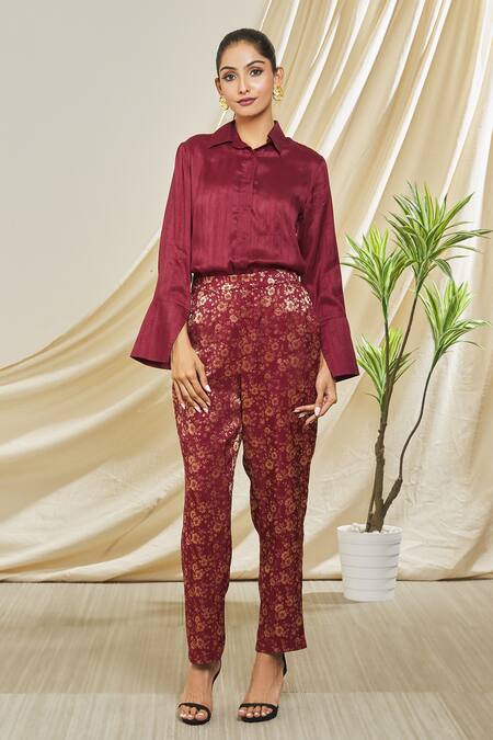 Shop Peenacolada Maroon Silk, Brocade Embroidery Collared Shirt And Woven Pant Set Online at Aza Fashions Shop_Peenacolada_Maroon Silk, Brocade Embroidery Collared Shirt And Woven Pant Set _Online_at_Aza_Fashions
