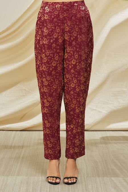 Peenacolada Maroon Silk, Brocade Embroidery Collared Shirt And Woven Pant Set at Aza Fashions Peenacolada_Maroon Silk, Brocade Embroidery Collared Shirt And Woven Pant Set _at_Aza_Fashions