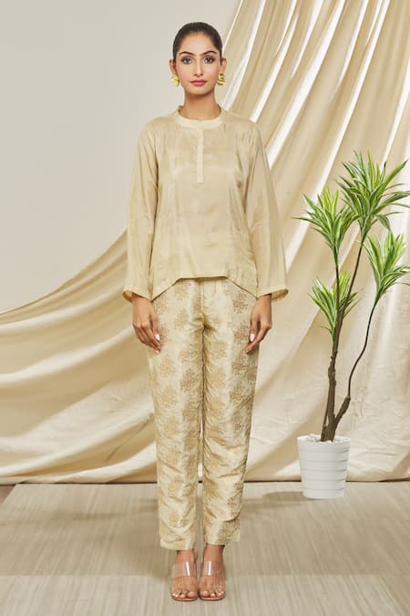 Peenacolada_Beige Silk, Brocade Embroidery Round Neck Collar Shirt And Pant Set _at_Aza_Fashions