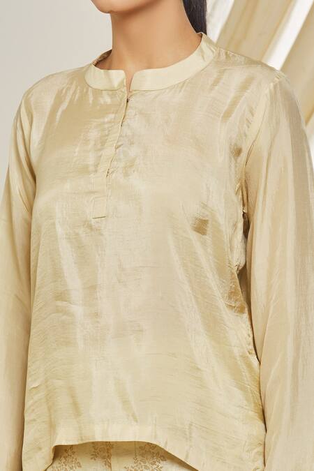 Peenacolada_Beige Silk, Brocade Embroidery Round Neck Collar Shirt And Pant Set _Online_at_Aza_Fashions