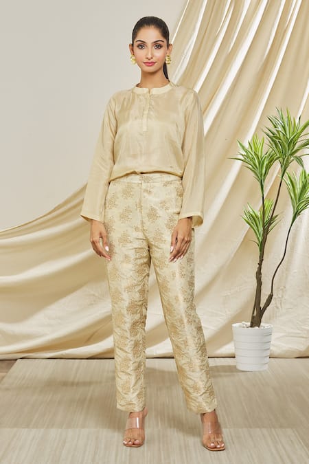Buy_Peenacolada_Beige Silk, Brocade Embroidery Round Neck Collar Shirt And Pant Set _Online_at_Aza_Fashions
