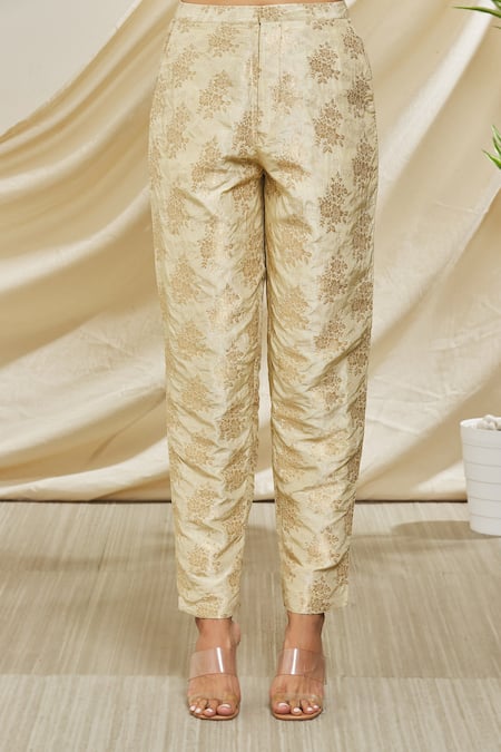 Shop_Peenacolada_Beige Silk, Brocade Embroidery Round Neck Collar Shirt And Pant Set _Online_at_Aza_Fashions