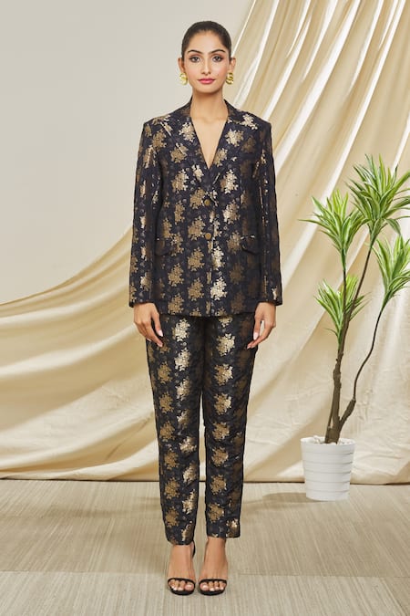 Peenacolada_Black Silk Brocade Floral Pattern Notched Lapel Blazer And Trouser Set _Online_at_Aza_Fashions